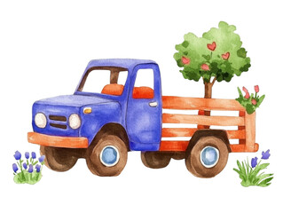 Watercolor painting of a blue pickup truck carrying a small tree and flowers. The truck has an orange trim and large tires. The background is transparent. 