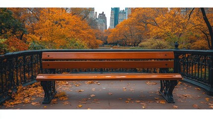Obraz premium Autumnal park bench overlooking a serene lake