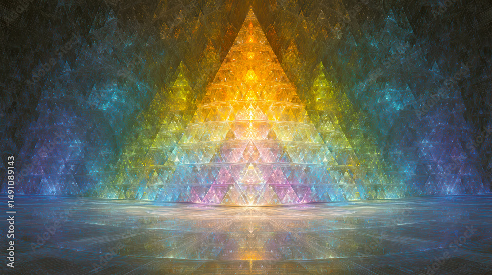 Poster Geometric Flow of Triangular Patterns and Natural Symbols in Vibrant Kaleidoscopic Colors