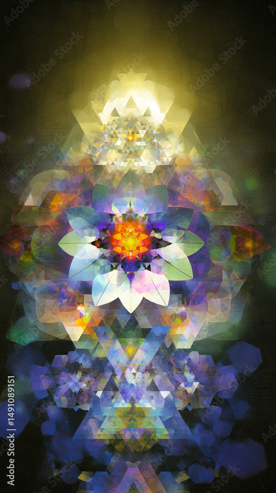 Poster flowing geometric patterns merge hands with natures symbols in vibrant kaleidoscopic design