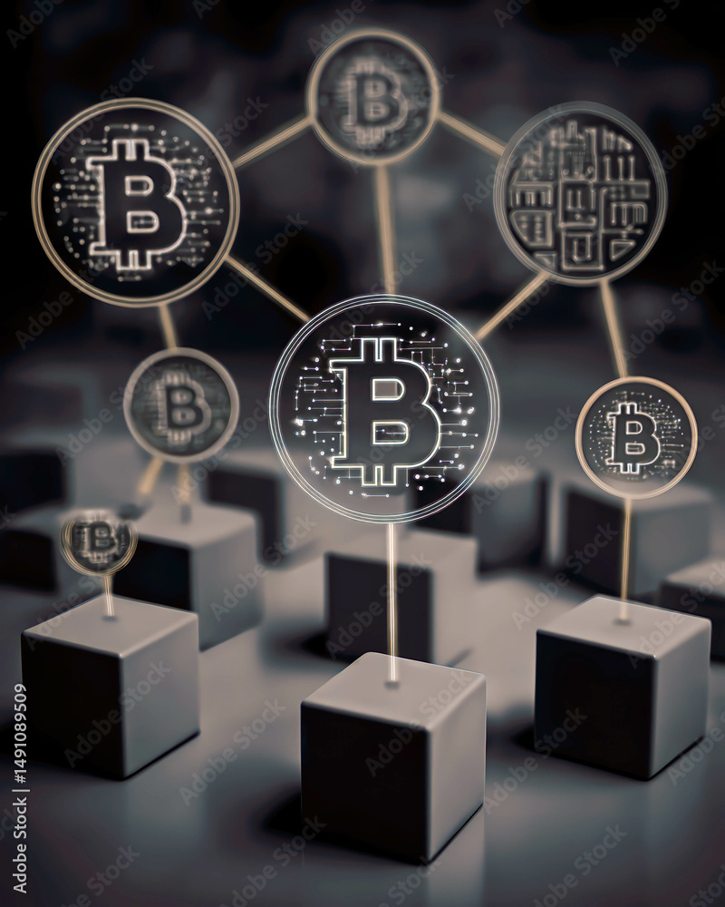 Poster Exploring Blockchain Technology With Interconnected Digital Assets in a Futuristic Setting