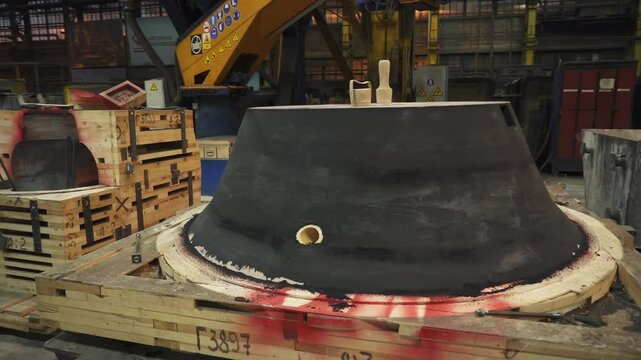 Industrial manufacturing process: applying refractory coating to a mold. Stock clip