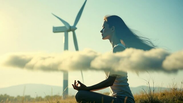 Wind turbine and meditating woman harmonize nature in surreal eco art with flowing hair and clouds