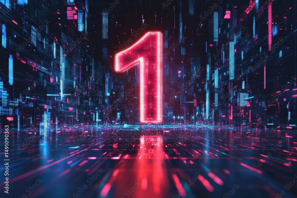Fototapete vibrant digital number one illuminated against a dynamic animated background at night, number 1 on a