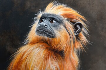 Fototapeta premium Lion tamarin monkey observes its surroundings in a lush habitat during daytime, Lion tamarin monkey looking around