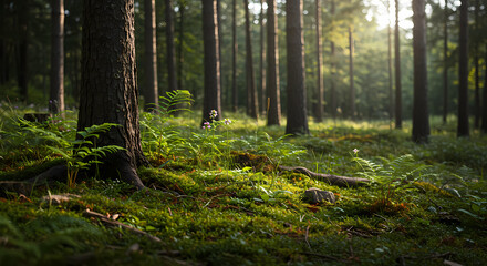 Obraz premium Sunlight Beams in Green Forest with Path