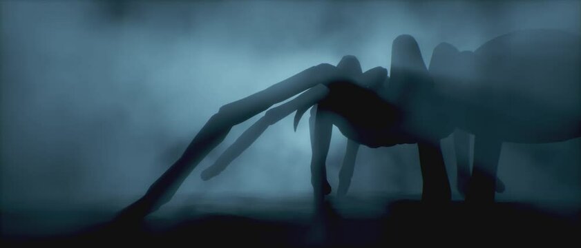 Giant spider silhouette emerging from fog in dramatic backlight. Creepy horror scene in misty darkness, perfect for thriller, mystery, or Halloween themed projects. 3d render.