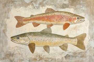 Obraz premium Rainbow trout and European chub swimming in a natural habitat with detailed textures and colors, Rainbow trout (Oncorhynchus mykiss) and European chub (Squalius cephalus)