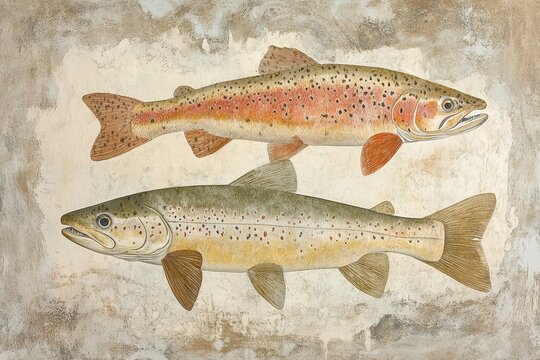 Rainbow trout and European chub swimming in a natural habitat with detailed textures and colors, Rainbow trout (Oncorhynchus mykiss) and European chub (Squalius cephalus)