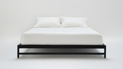 Simple black bed frame with white linens displayed.