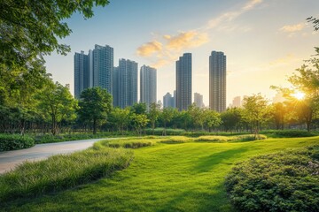 Fototapeta premium Vibrant eco city skyline showcasing nature and modernity at sunset, Fast paced and ever changing landscape of a eco city environment