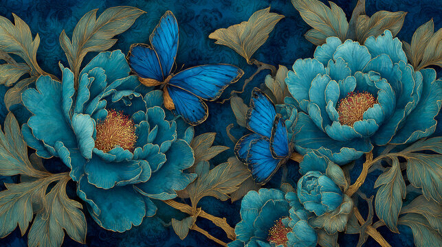 Teal peonies and blue butterflies with gold accents on a dark background, showcasing elegance and serenity, ideal for decorative purposes