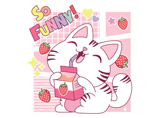 Kitten drinking strawberry juice