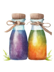 Two watercolor bottles with colorful liquids, tied with twine bows, on a transparent background. Purple and rainbow gradient colors are featured. Simple green sprigs frame the bottles.