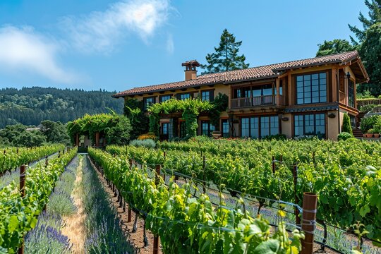 A vibrant vineyard with rows of green grapevines climbing up terraces, surrounded by fields of wildflowers, and a cozy farmhouse at the end of the rows 