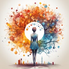 The image of a girl in a blue dress as a tree trunk, the multi-colored crown of which symbolizes the mental health of a person, the state of the body and emotions 