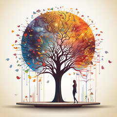 The image of a silhouette of a girl near a tree trunk with a multi-colored crown, a symbol of a person's mental health, the psychological state of the body and emotions.