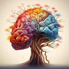 Image of a tree trunk multi-colored crown in the form of a brain symbolize mental health of a person balance equilibrium body emotions
