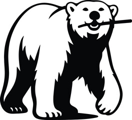 Playful Polar Bear Silhouette Art, Polar Bear Holding Stick Graphic