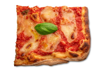 Square slice of margherita pizza with tomato sauce and mozzarella cheese and basil leaf, isolated