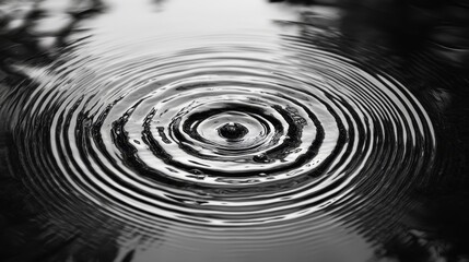 A grayscale view of water ripples spreading outward.