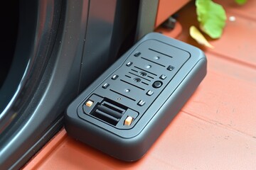 Obraz premium Small, dark security box resting on a reddish surface.