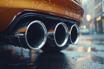 Urban vehicle's exhaust pipes on a rainy day.