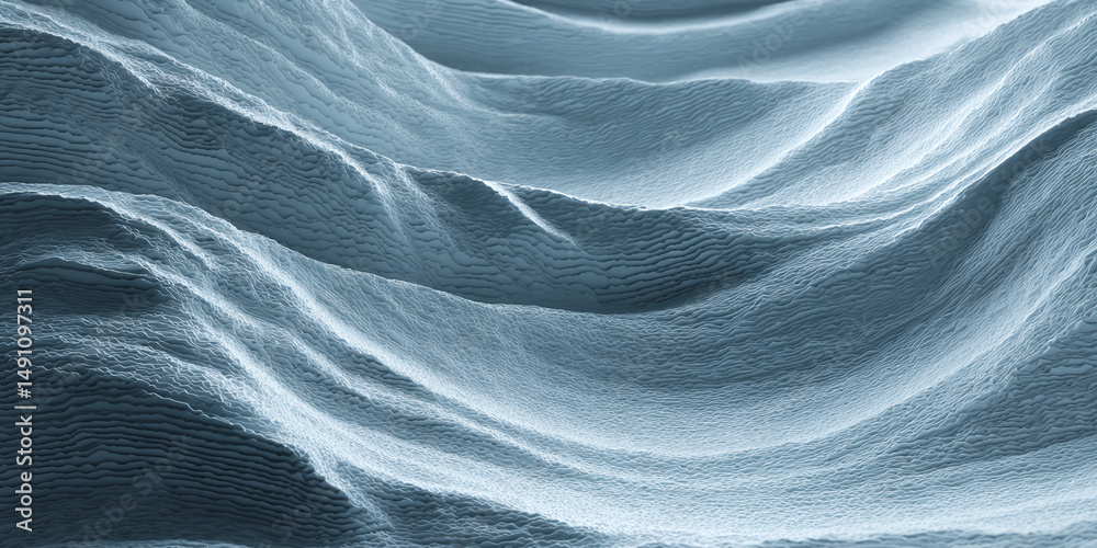 Poster abstract image of layered, textured surface resembling undulating hills or waves in cool blue tones,