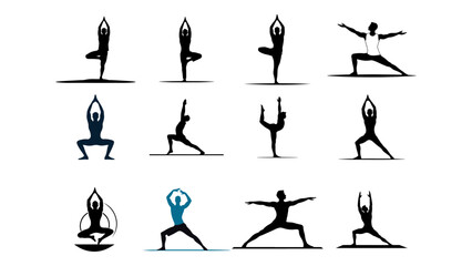 set yoga silhouettes vector, simple illustrations of yoga poses, set of people doing yoga pose shape vector illustration, simple shapes of yoga poses