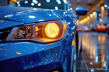 Close-up view of a modern blue car's illuminated headlight.