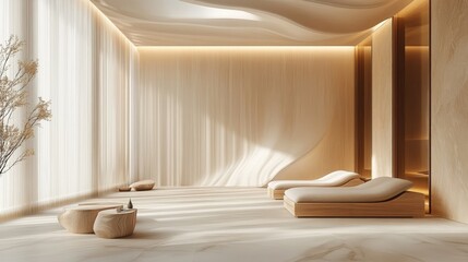 Modern spa interior design with natural light and warm tones.