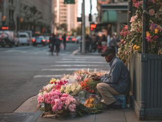 Fototapeta premium Flower Vendor Street Scene: Vibrant City Market and Urban Lifestyle Delight in Colorful Floral Arrangements - Capturing Local Economy and Nature's Artistry in Bustling Urban Environment