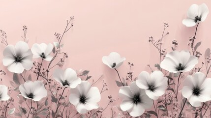 Delicate white flowers and foliage on a pale pink backdrop.
