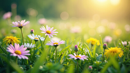 A vibrant meadow with white and pink spring daisies and yellow dandelions under a sunny sky, ideal for wellness ads, eco-friendly branding, and seasonal designs    keywords:   meadow, daisies, pink, 