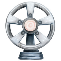 Naklejka premium Silver metal wheel with six spokes on a dark grey base, watercolor style, isolated on transparent background. Detailed, realistic depiction with soft shading and subtle color variations.