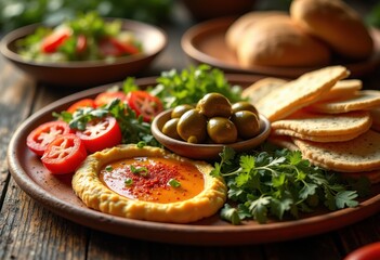 beautifully arranged succulent mezze platter gourmet delight appetizer including vegetable pita tabouleh, hummus, olives, tabbouleh, spread, salad