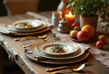 Fototapeta premium elegant stylish dinnerware set displayed rustic wooden table table linens culinary accents, reception, crockery, plates, bowls, cups, utensils, cutlery
