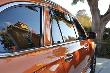 Close-up view of a tan SUV's side profile.
