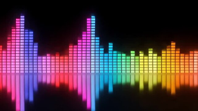 Animated Colorful Audio Spectrum Waveform Displaying Music Frequency and Rhythm with Reflective Surface