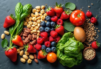 vibrant colorful array whole superfoods slate background nutrient rich fresh healthy natural ingredients, input, fruits, fruit, vegetable, grain, seed, leaf
