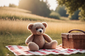 teddy bear in a basket with a book