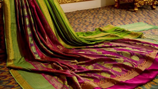Elegant magenta and chartreuse silk saree with golden detailing and traditional patterns creating a colorful textile abstract background