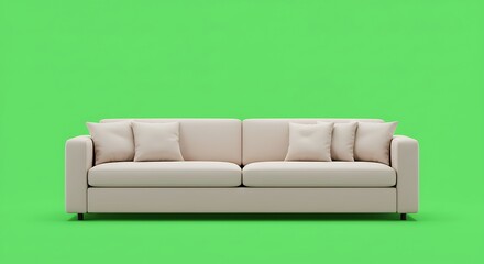 Fototapeta premium Minimalist beige sofa with soft pillows showcased against a vibrant green backdrop