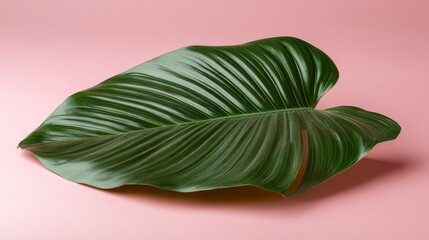 Large, vibrant green leaf resting on a pale pink surface.