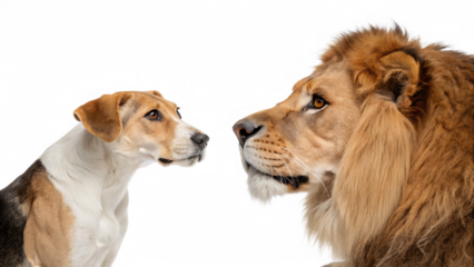 Lion and beagle dog face off isolated on a white background