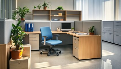 Fototapeta premium Modern office cubicle with blue chair, desk, shelves, and plants.