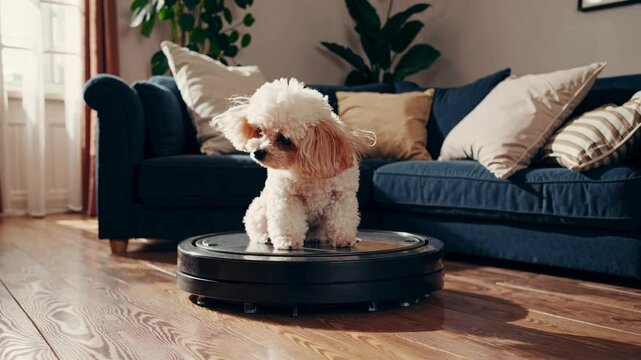 A small dog sits on a robotic vacuum in a cozy living room. The low-angle video captures the playful scene with warm, natural lighting.