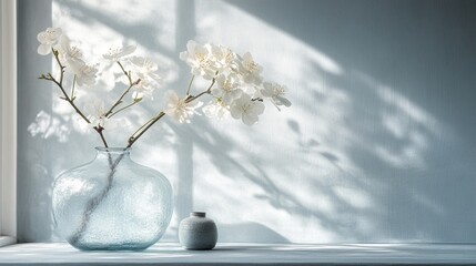 Gentle sunlight illuminates delicate white flowers in a clear glass vase.