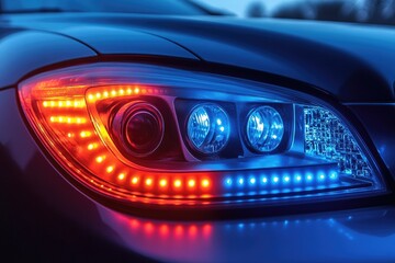 Close-up view of a vehicle's illuminated headlight system.