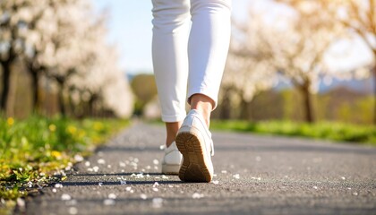 Woman Walking Blossom Pathway.